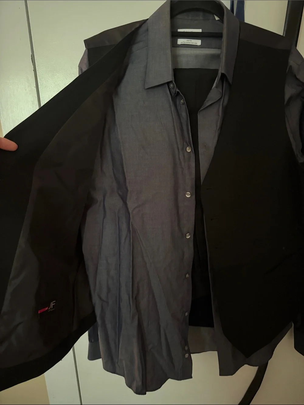 Calvin Klein Black Men's Two-Button Suit Jacket with Blue Tie